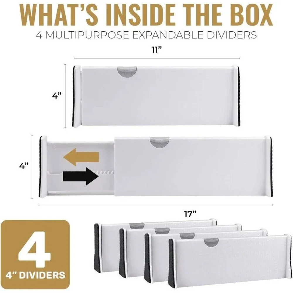 Set of 4 Adjustable Drawer Dividers 4” High, 11-17” Long, Dresser Drawer Divider